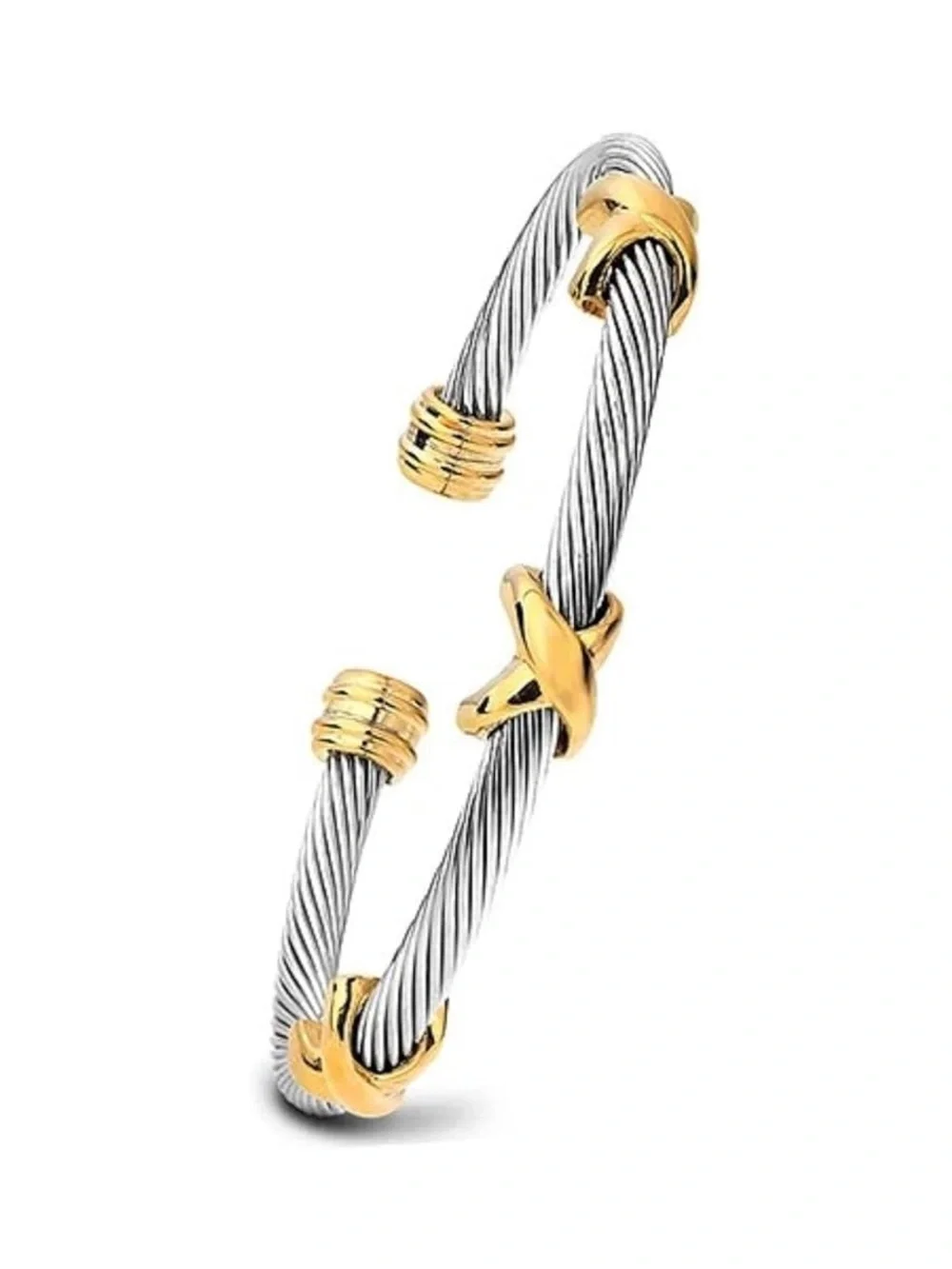 Two-Tone Twisted Cable Open Cuff Bracelet - Silver & Gold - Picture 1 of 6